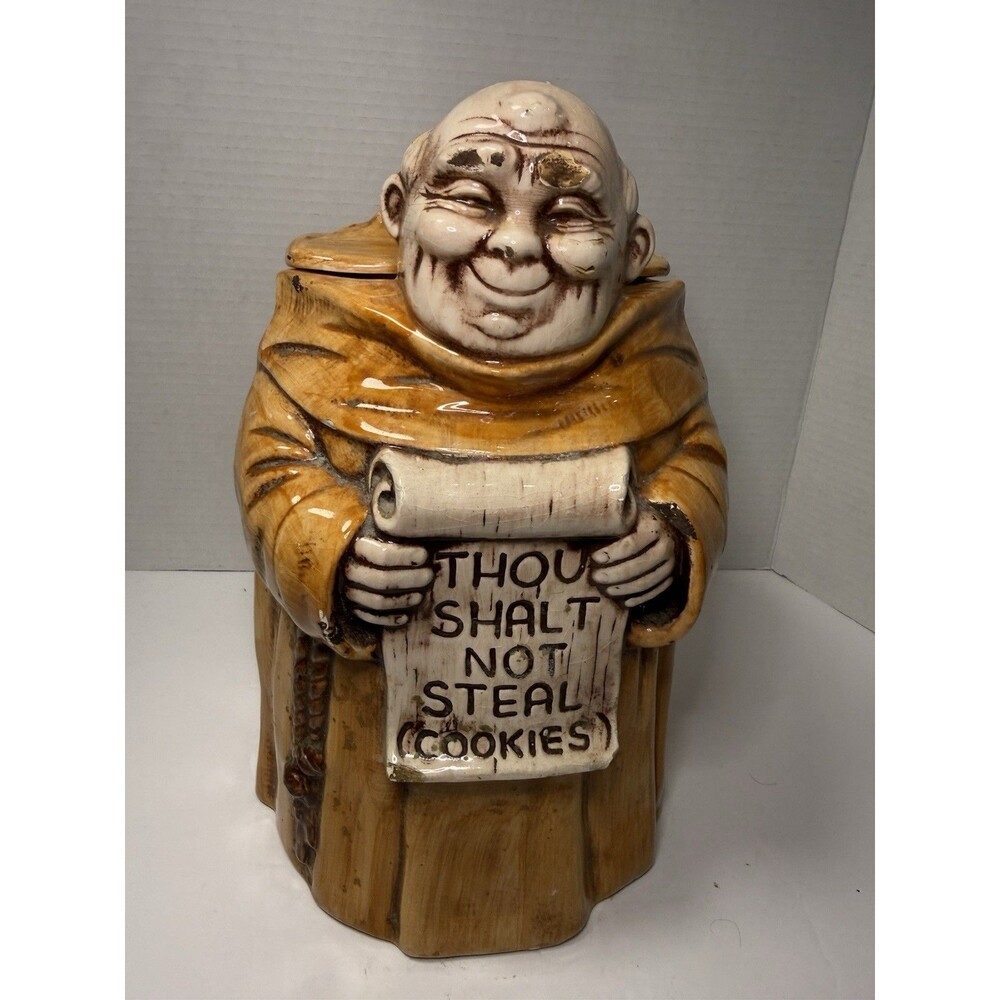 Vintage Thou Shalt Not Steal Friar Monk Cookie Jar Treasure Craft Made In USA